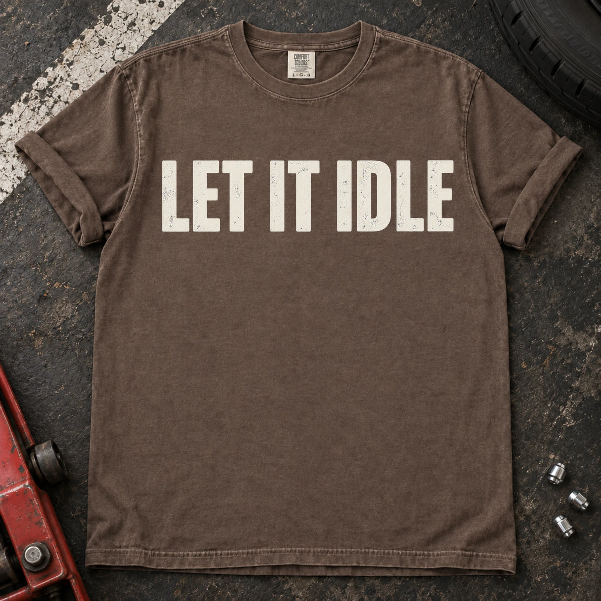 Espresso car enthusiast T-shirt. Let it idle: restrained typography for engine enthusiasts.