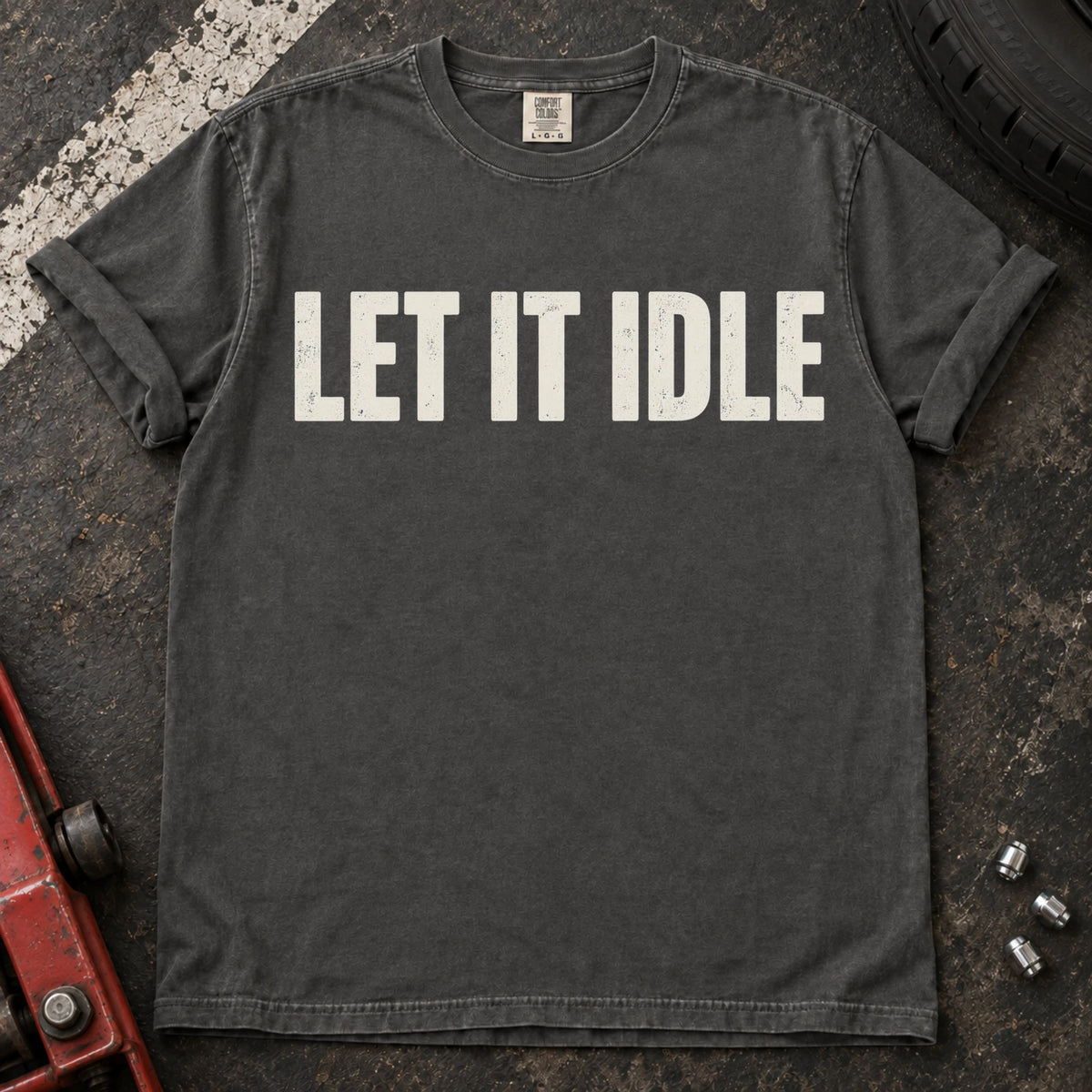 Pepper car enthusiast T-shirt. Let it idle: restrained typography for engine enthusiasts.