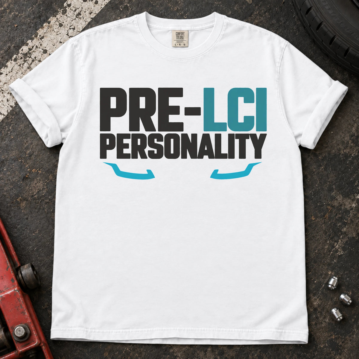 White car enthusiast T-shirt. Minimal headlight lines give Pre-LCI Personality an enthusiast identity.