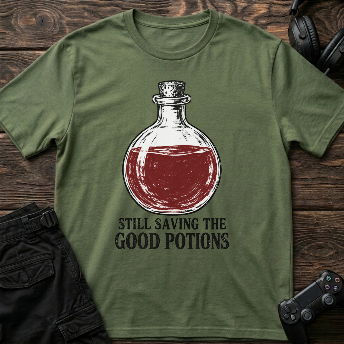 Military Green gaming T-shirt. A full red potion is still being saved for the perfect moment.