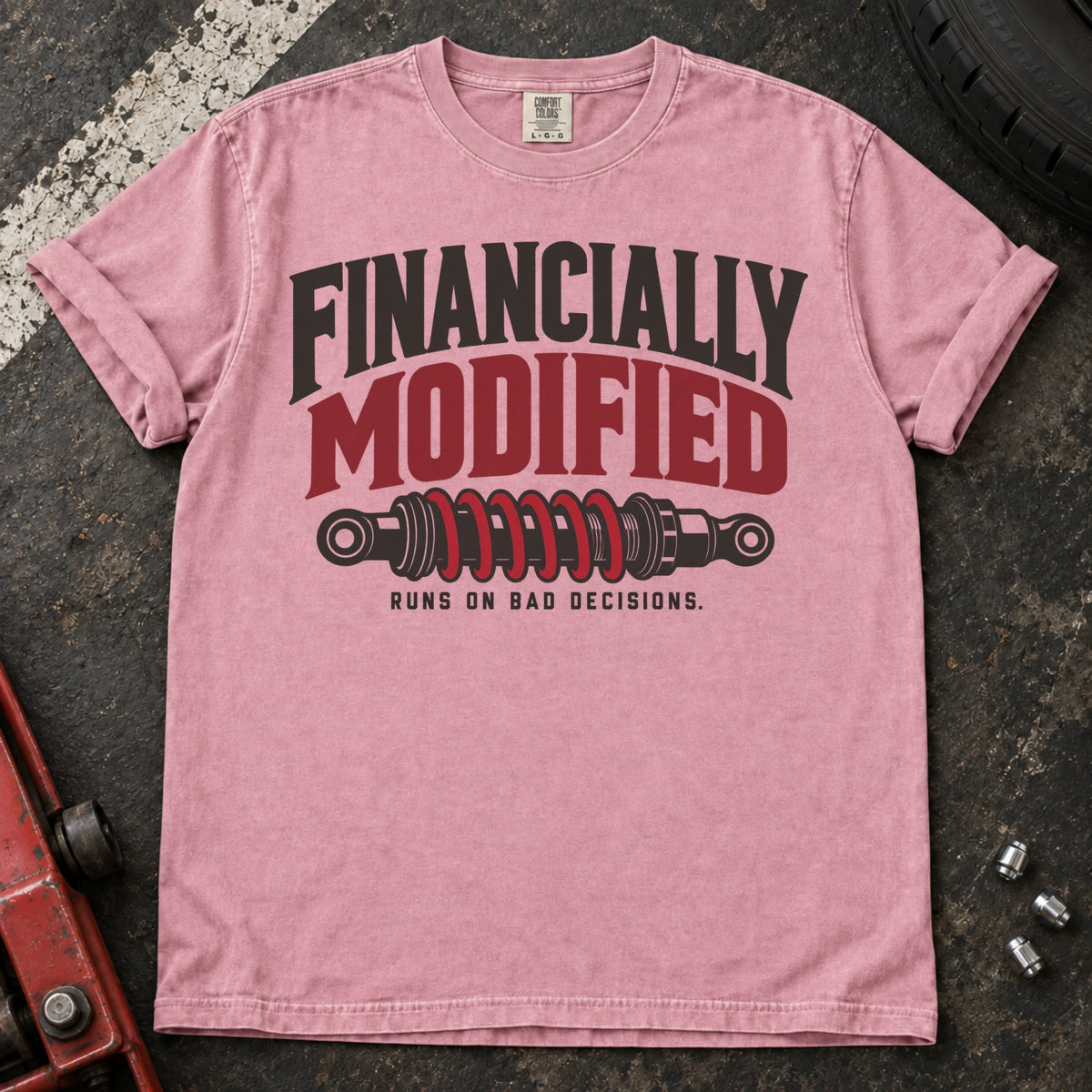 Blossom car enthusiast T-shirt. A coilover gives financially modified, runs on bad decisions a garage-humor twist.
