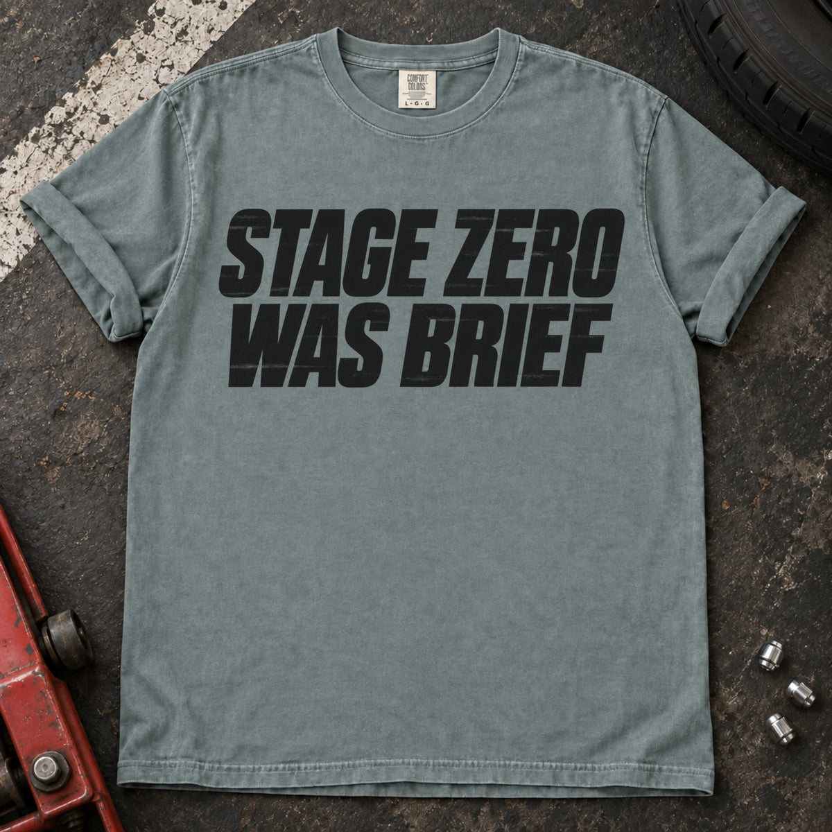 Bay car enthusiast T-shirt. Stage zero was brief, in bold car-modification typography.