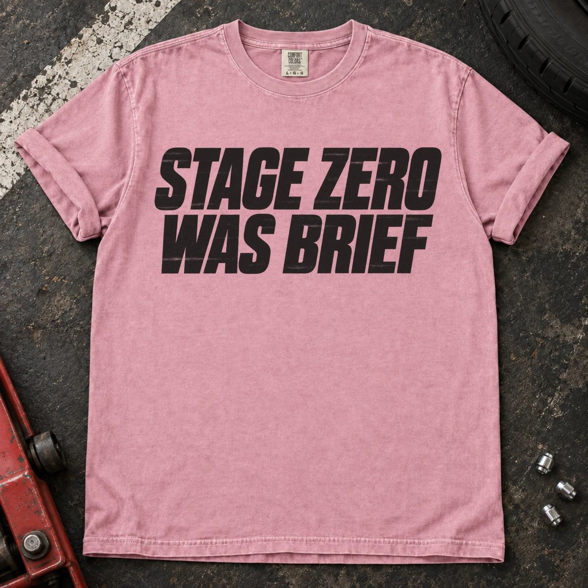 Blossom car enthusiast T-shirt. Stage zero was brief, in bold car-modification typography.