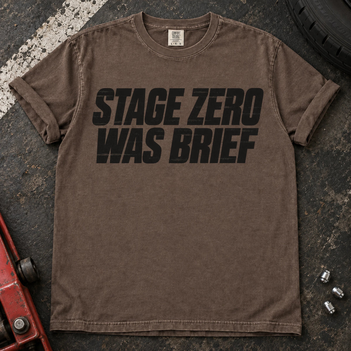 Espresso car enthusiast T-shirt. Stage zero was brief, in bold car-modification typography.