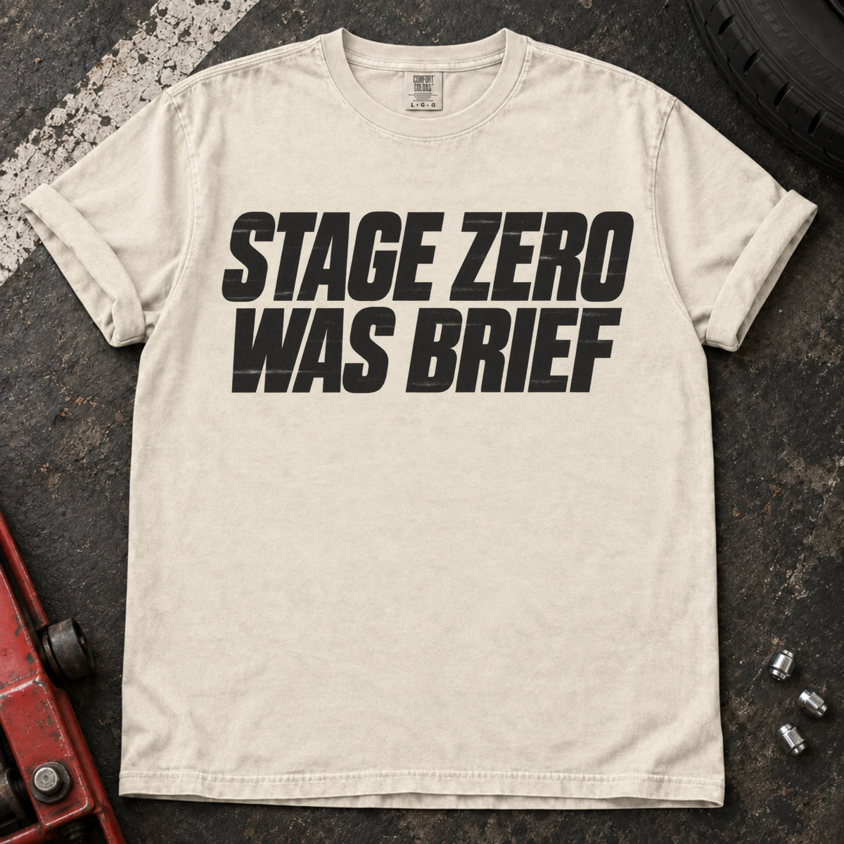 Ivory car enthusiast T-shirt. Stage zero was brief, in bold car-modification typography.