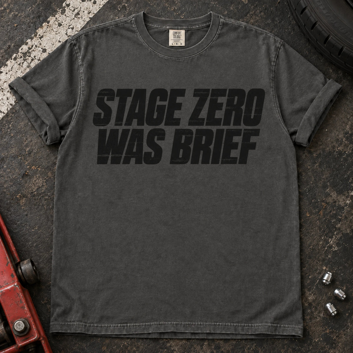 Pepper car enthusiast T-shirt. Stage zero was brief, in bold car-modification typography.