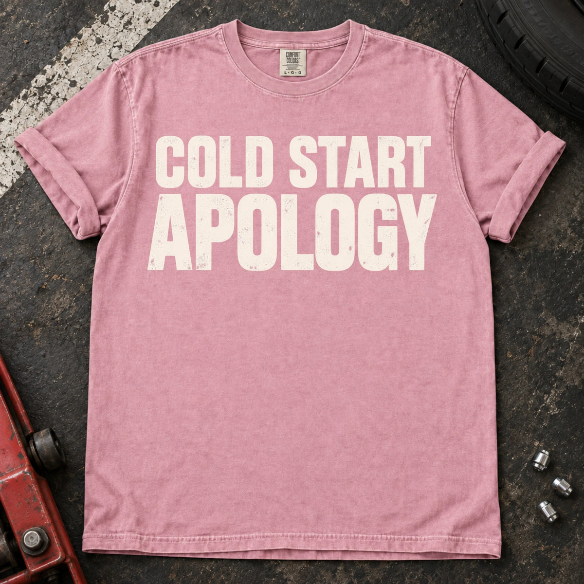 Blossom car enthusiast T-shirt. Cold start apology, in bold understated automotive lettering.