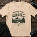 Natural gaming T-shirt. A mountain trail unlocks the touched-grass achievement for an open-world explorer.