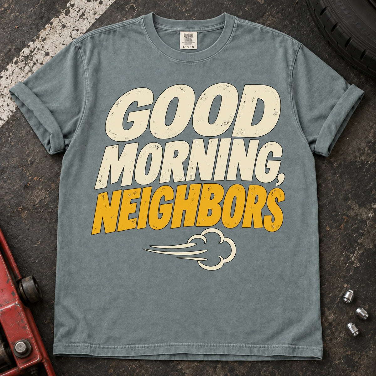 Bay car enthusiast T-shirt. An exhaust puff delivers a loud good morning, neighbors.