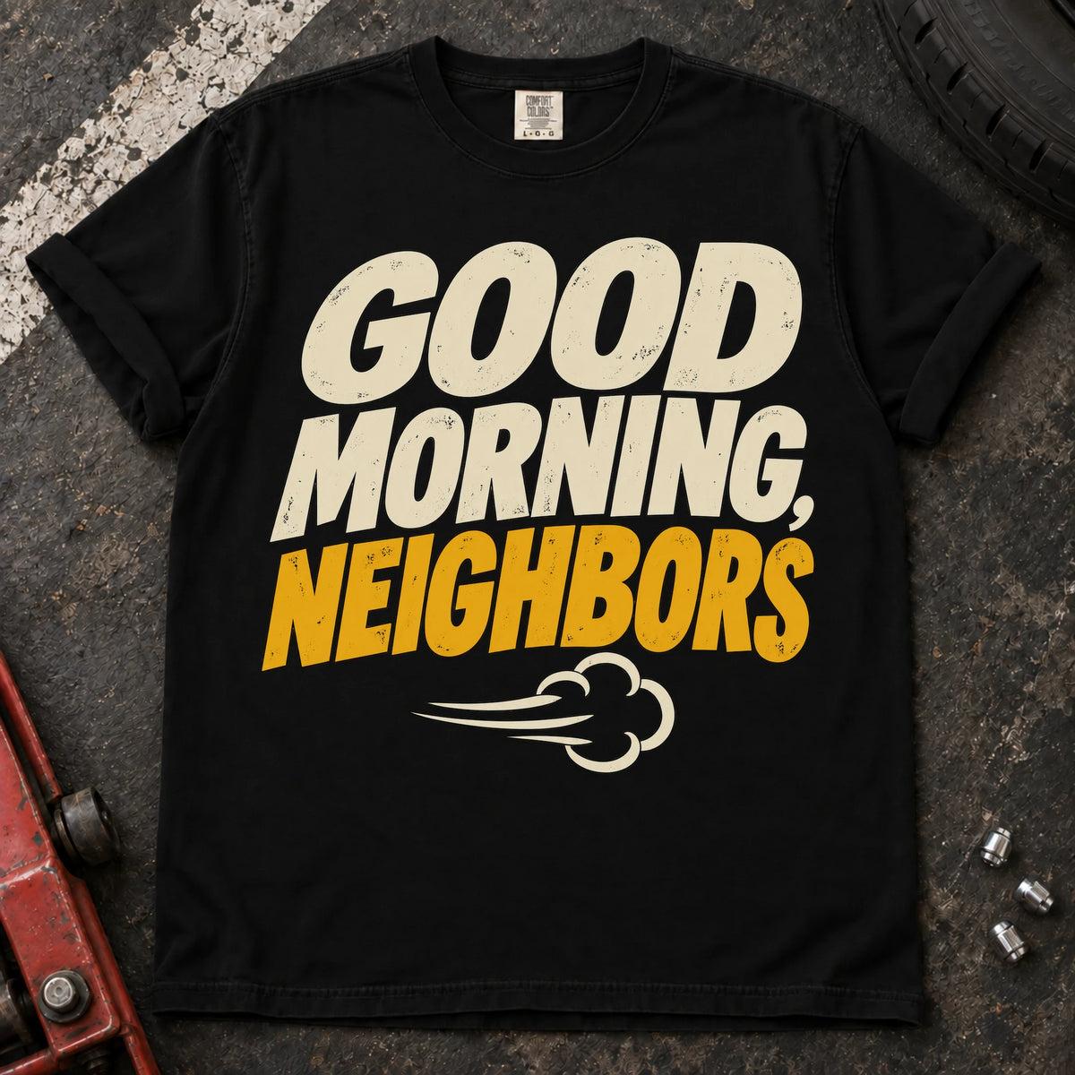 Black car enthusiast T-shirt. An exhaust puff delivers a loud good morning, neighbors.