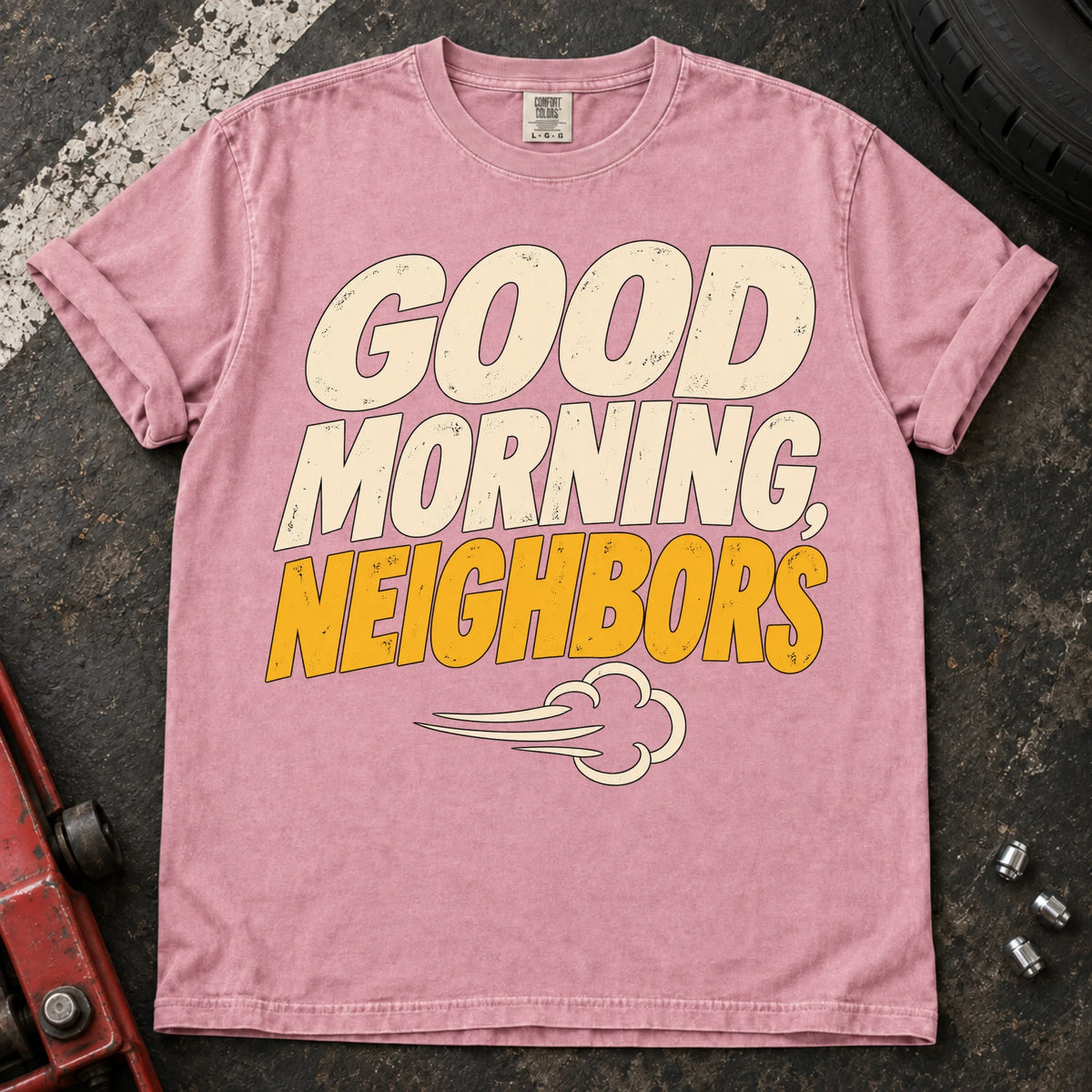 Blossom car enthusiast T-shirt. An exhaust puff delivers a loud good morning, neighbors.