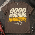 Espresso car enthusiast T-shirt. An exhaust puff delivers a loud good morning, neighbors.