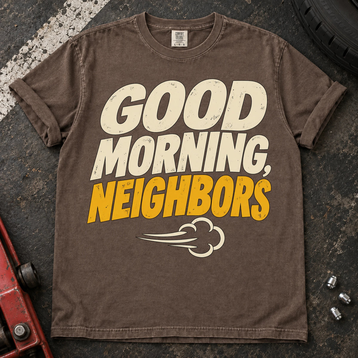 Espresso car enthusiast T-shirt. An exhaust puff delivers a loud good morning, neighbors.