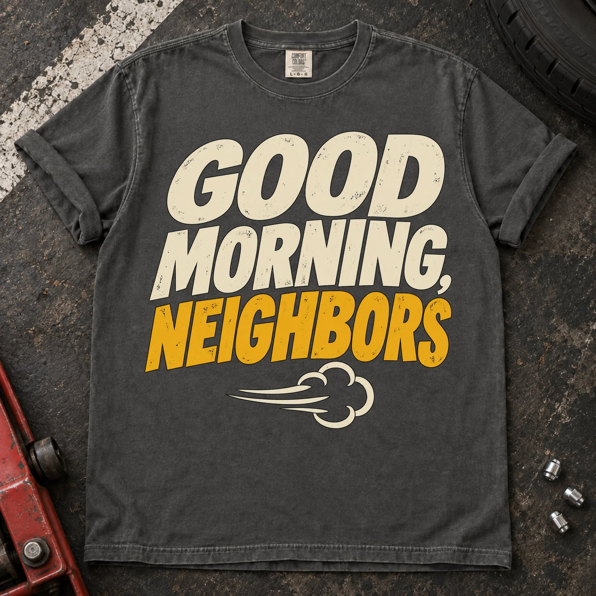 Pepper car enthusiast T-shirt. An exhaust puff delivers a loud good morning, neighbors.