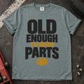 Bay car enthusiast T-shirt. A parts box illustrates being old enough to need parts.