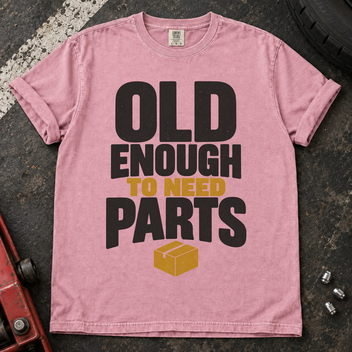 Blossom car enthusiast T-shirt. A parts box illustrates being old enough to need parts.