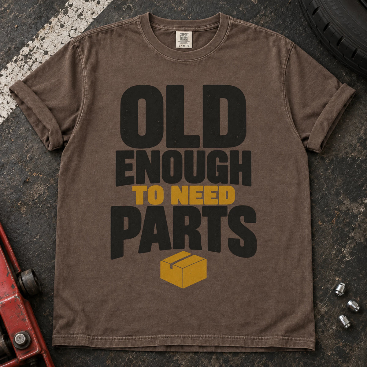 Espresso car enthusiast T-shirt. A parts box illustrates being old enough to need parts.