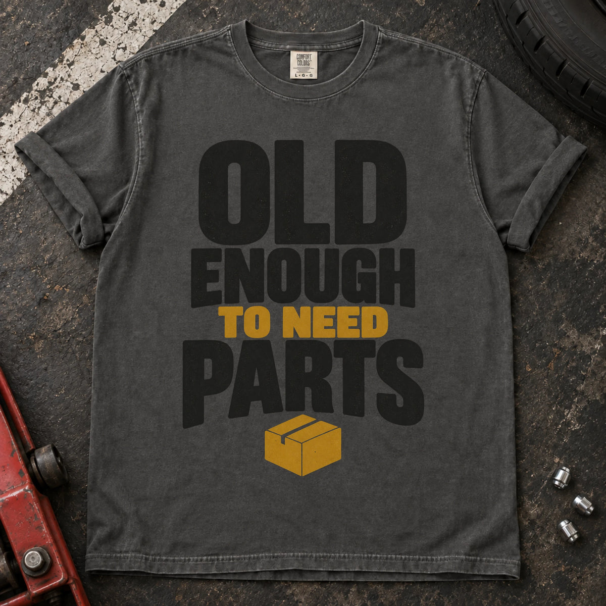 Pepper car enthusiast T-shirt. A parts box illustrates being old enough to need parts.