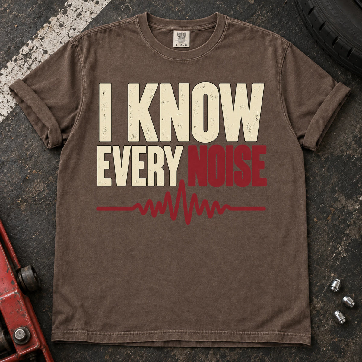 Espresso car enthusiast T-shirt. A waveform backs the confident claim, I know every noise.
