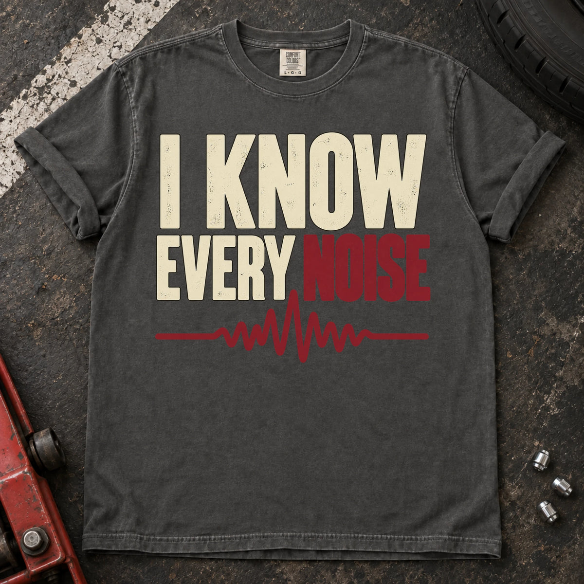 Pepper car enthusiast T-shirt. A waveform backs the confident claim, I know every noise.