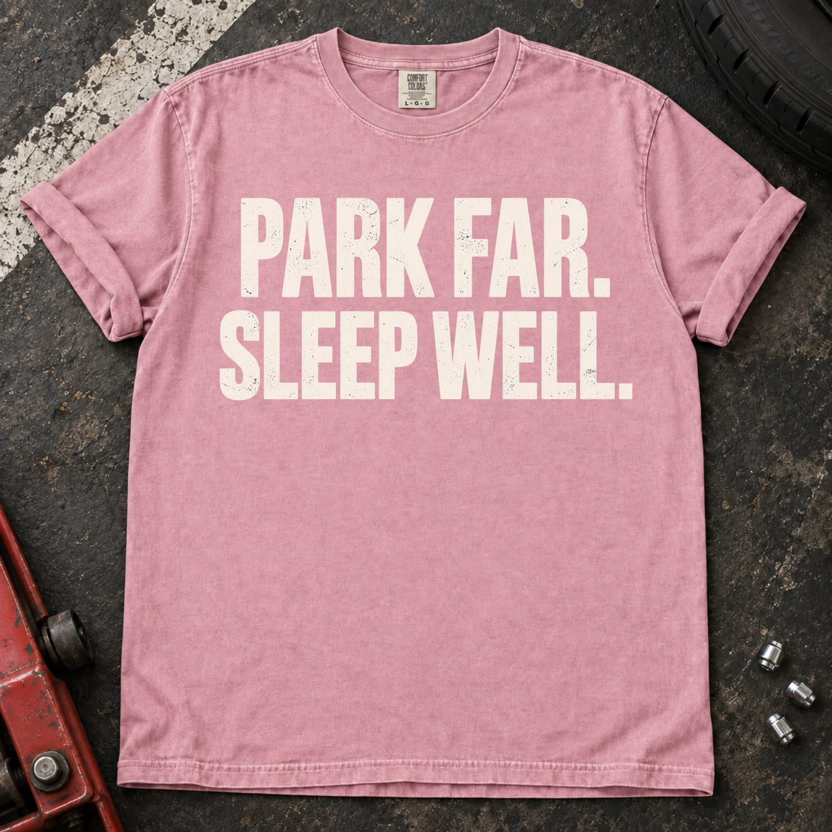 Blossom car enthusiast T-shirt. Park far, sleep well: a simple motto for careful car owners.