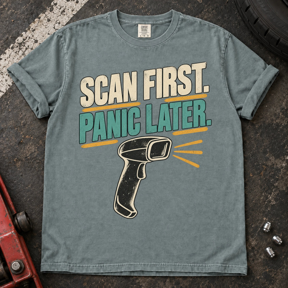 Bay car enthusiast T-shirt. A handheld scan graphic advises scan first, panic later.