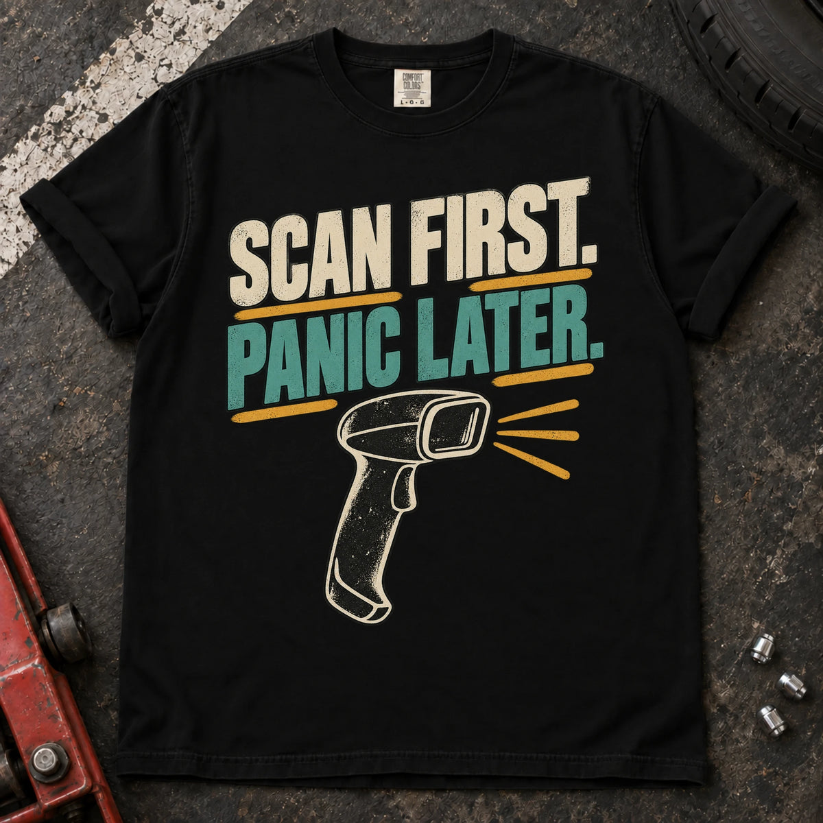 Black car enthusiast T-shirt. A handheld scan graphic advises scan first, panic later.