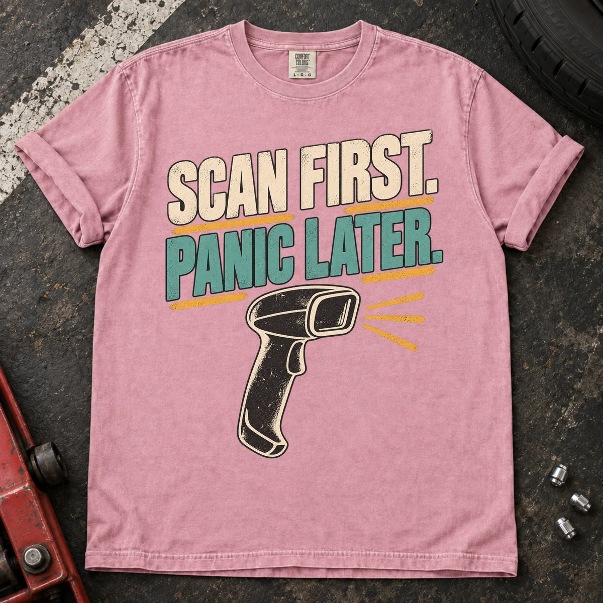 Blossom car enthusiast T-shirt. A handheld scan graphic advises scan first, panic later.