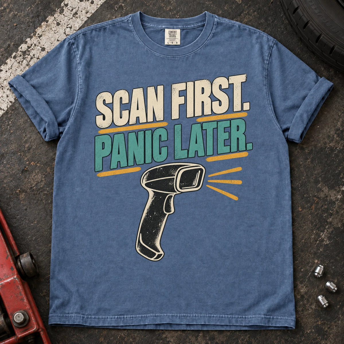 Blue Jean car enthusiast T-shirt. A handheld scan graphic advises scan first, panic later.