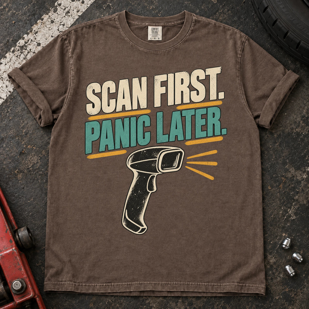 Espresso car enthusiast T-shirt. A handheld scan graphic advises scan first, panic later.