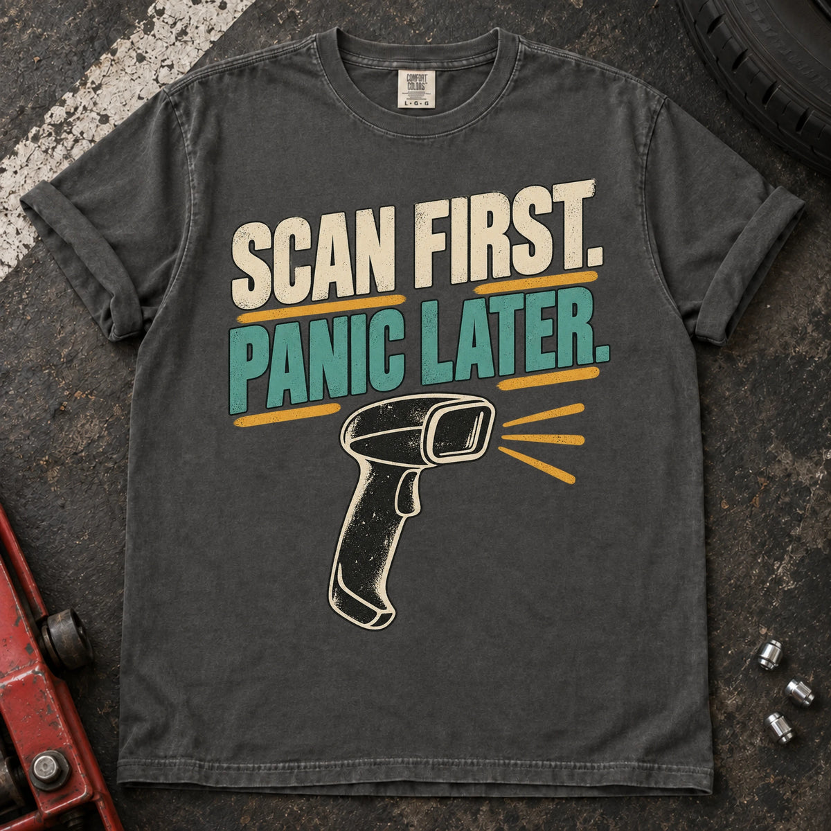 Pepper car enthusiast T-shirt. A handheld scan graphic advises scan first, panic later.