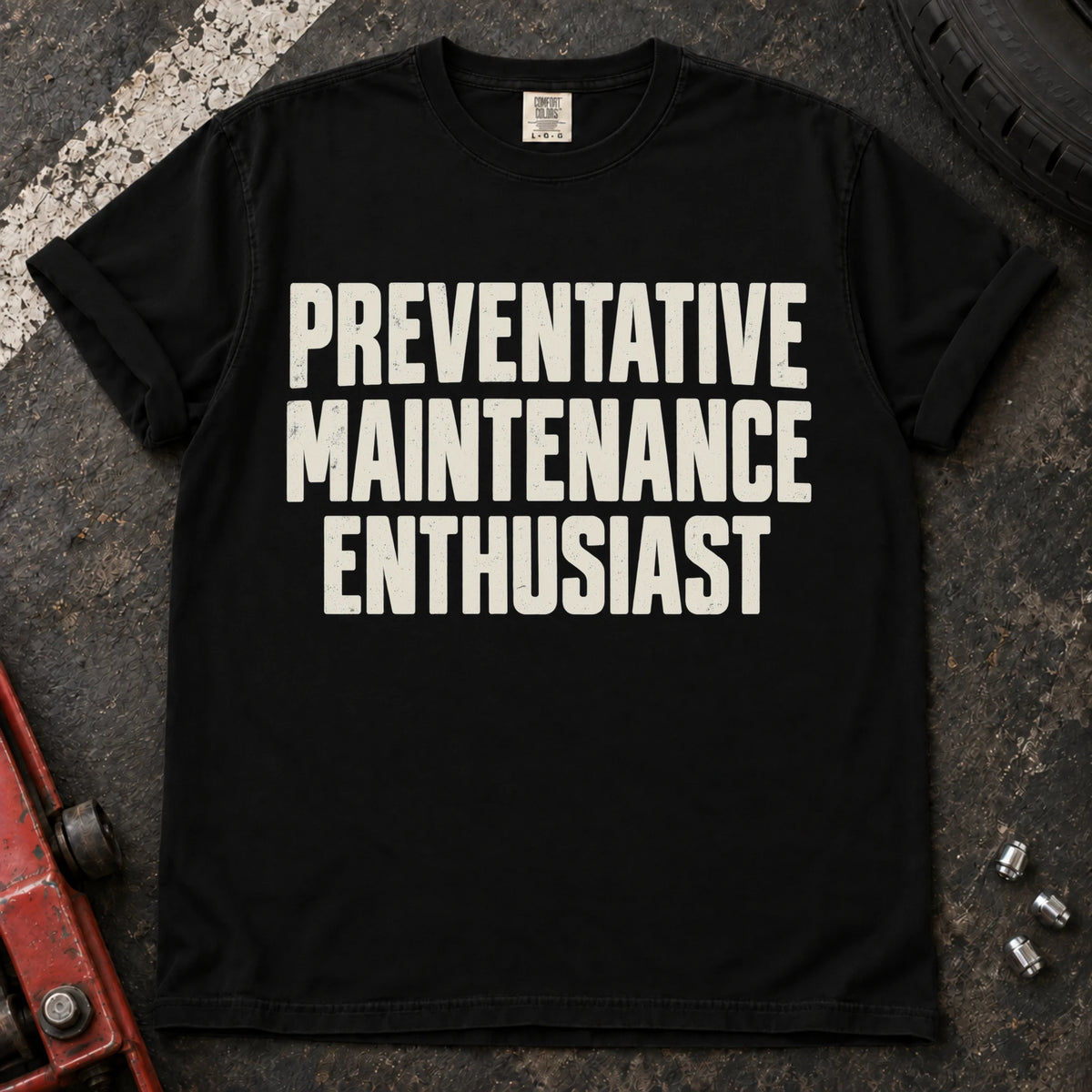 Black car enthusiast T-shirt. Preventative maintenance enthusiast, in clean bold automotive lettering.