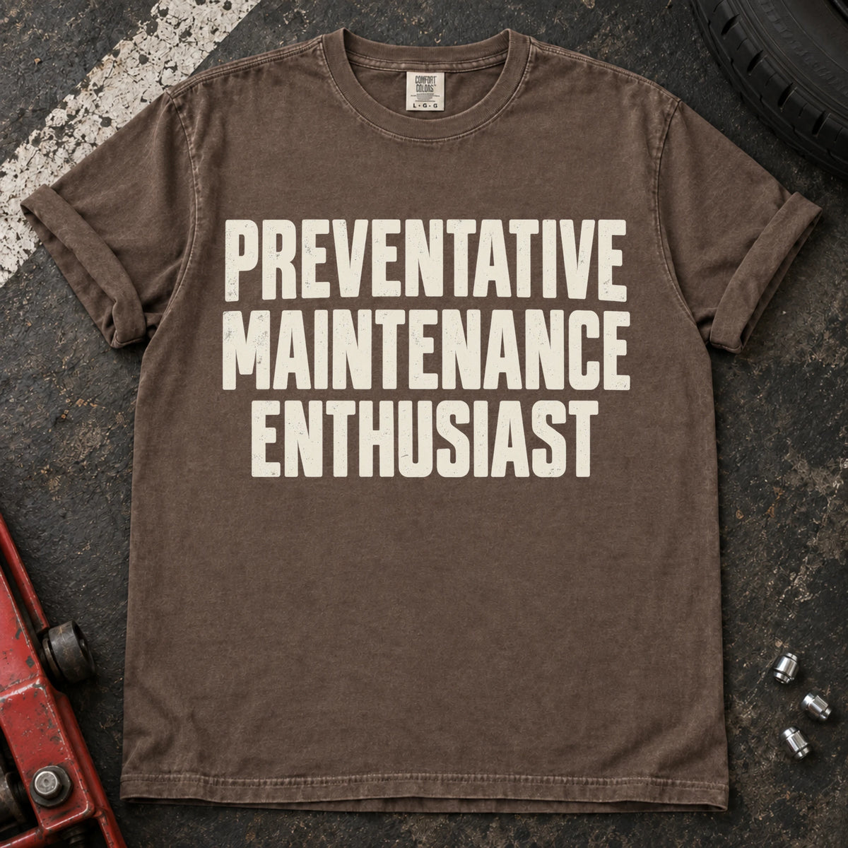 Espresso car enthusiast T-shirt. Preventative maintenance enthusiast, in clean bold automotive lettering.