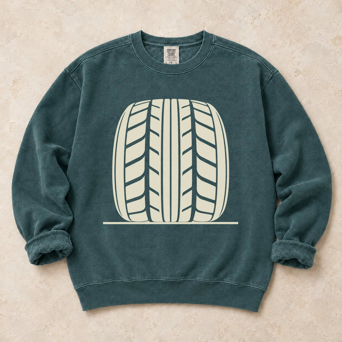 Blue Spruce garment-dyed crewneck sweatshirt with Tread Theory tire enthusiast design