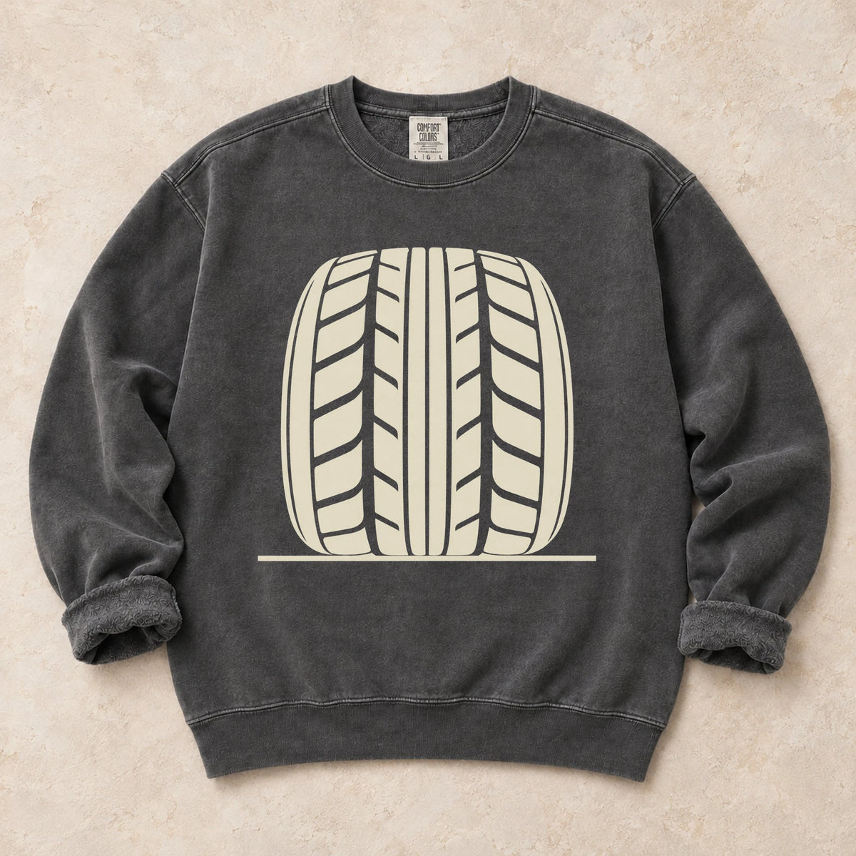 Pepper garment-dyed crewneck sweatshirt with Tread Theory tire enthusiast design