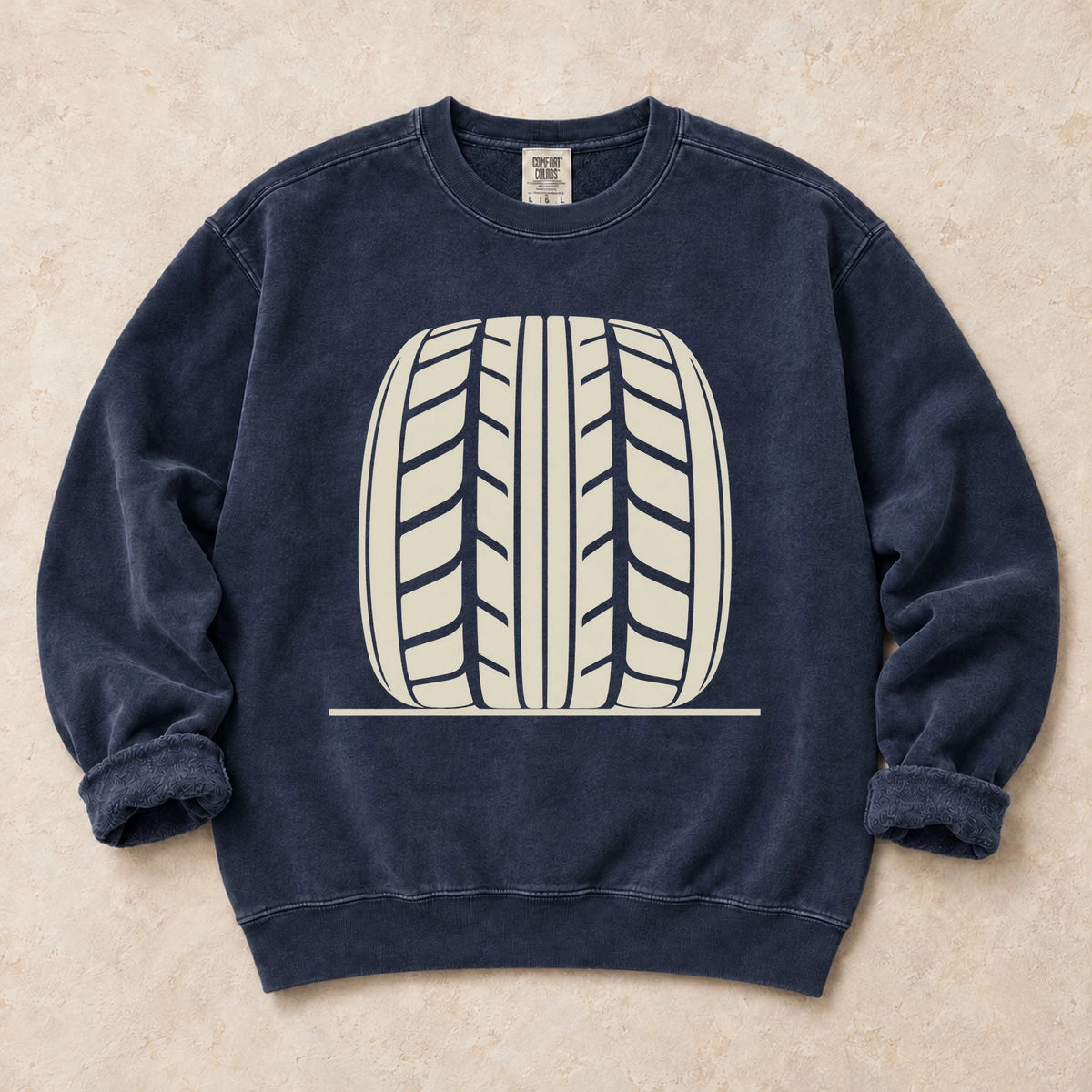 True Navy garment-dyed crewneck sweatshirt with Tread Theory tire enthusiast design