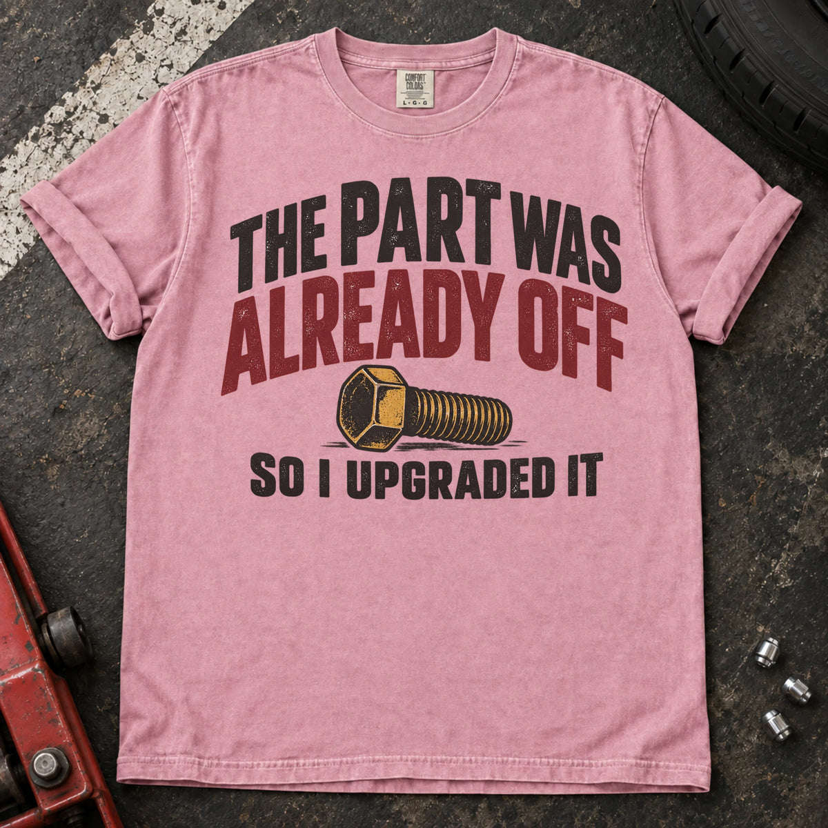 Blossom car enthusiast T-shirt. A bolt explains the part was already off, so I upgraded it.