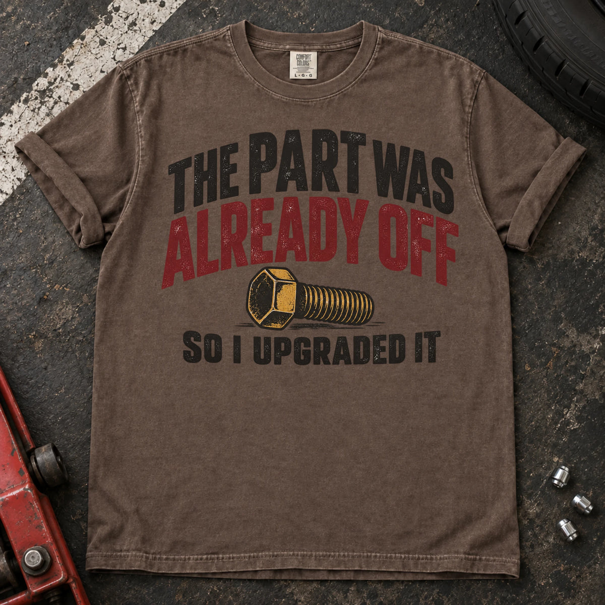 Espresso car enthusiast T-shirt. A bolt explains the part was already off, so I upgraded it.