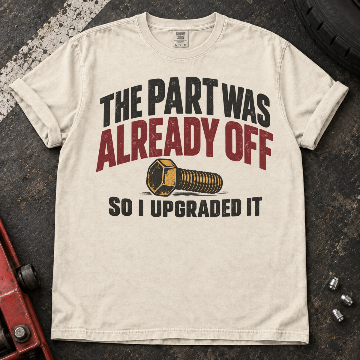 Ivory car enthusiast T-shirt. A bolt explains the part was already off, so I upgraded it.
