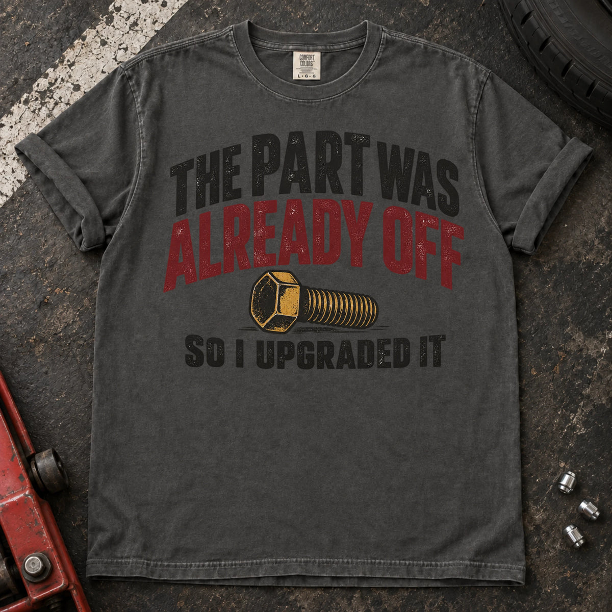 Pepper car enthusiast T-shirt. A bolt explains the part was already off, so I upgraded it.