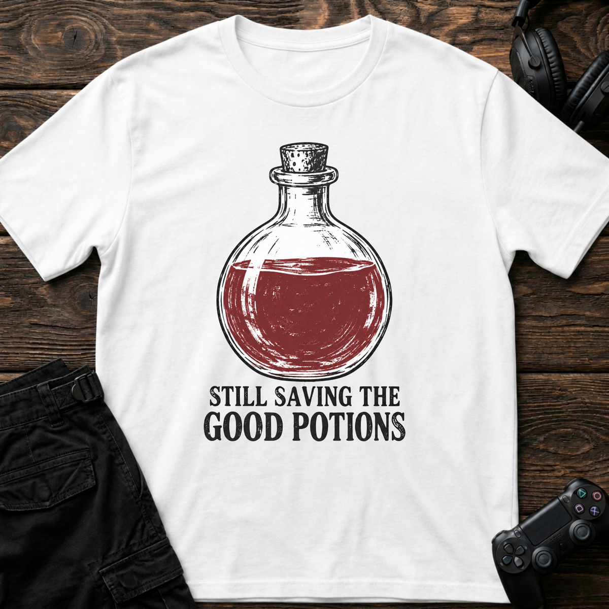 White gaming T-shirt. A full red potion is still being saved for the perfect moment.