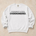 White garment-dyed crewneck sweatshirt with Quiet Overkill car enthusiast design