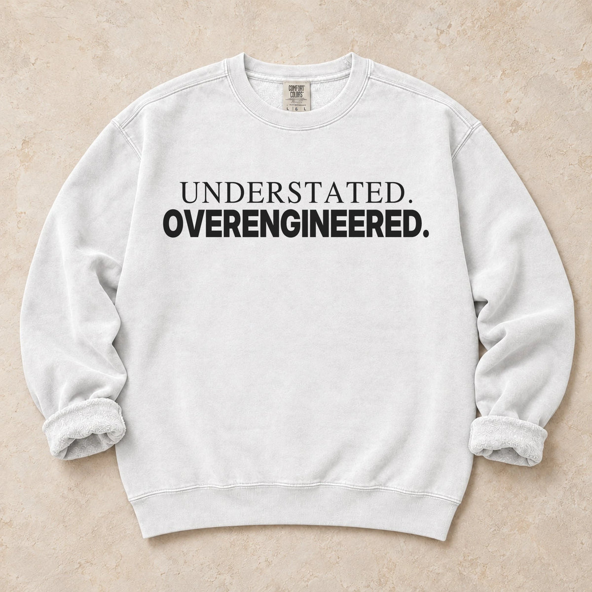 White garment-dyed crewneck sweatshirt with Quiet Overkill car enthusiast design