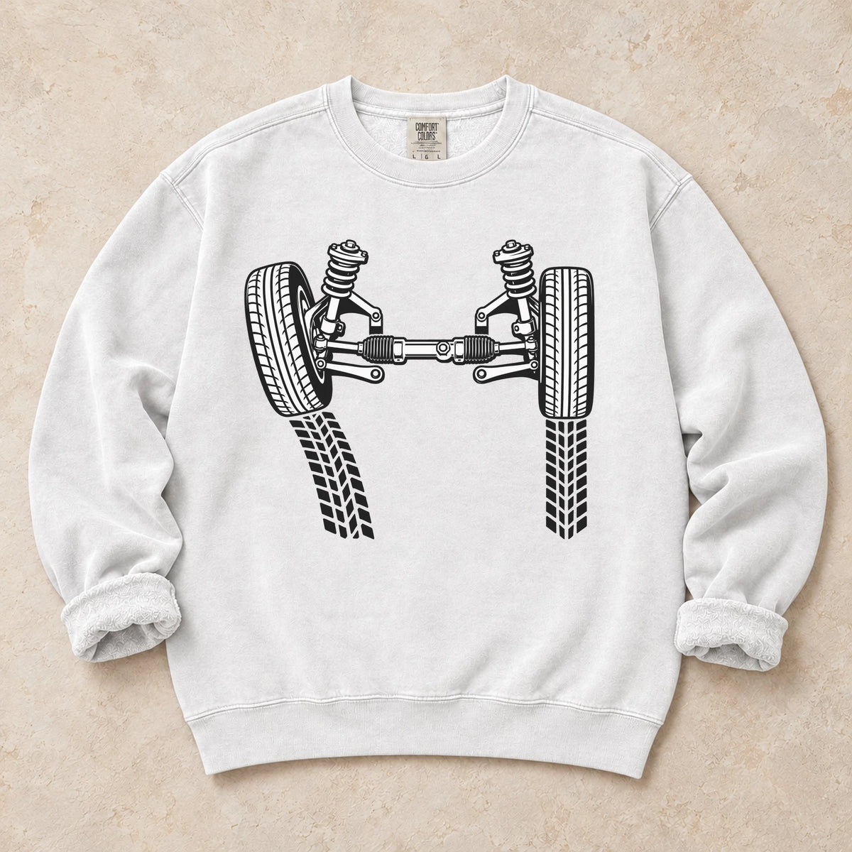 White garment-dyed crewneck sweatshirt with Camber Geometry wheel fitment design