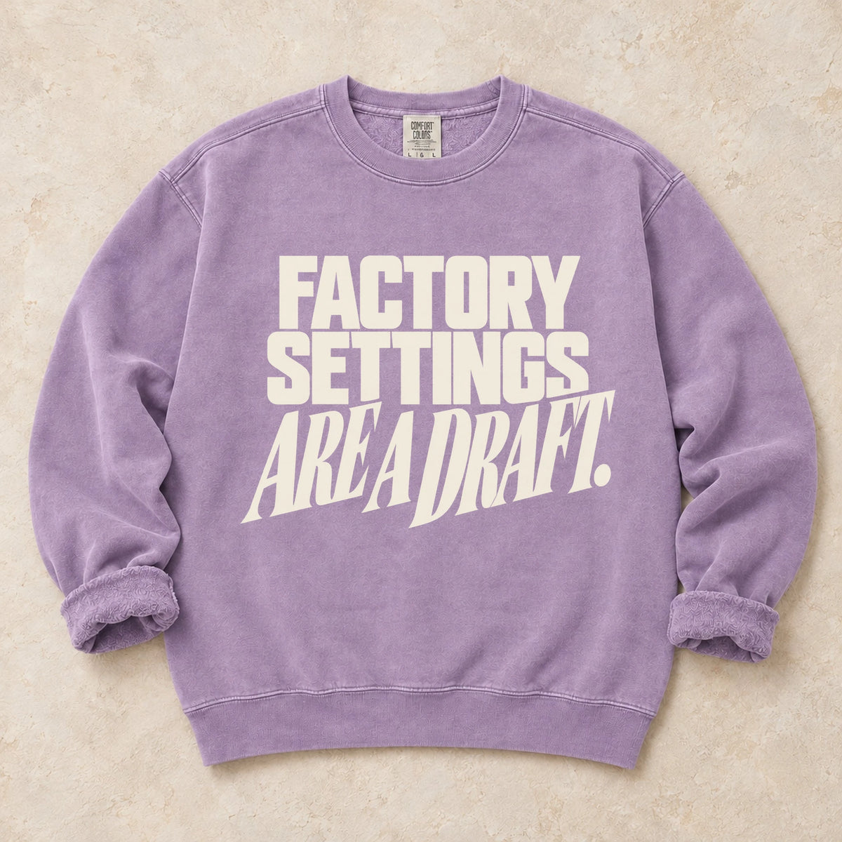 Orchid garment-dyed crewneck sweatshirt with Stock Revision car modifications design