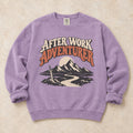 Orchid gaming sweatshirt. An after-work adventurer follows a mountain trail toward a planted sword.