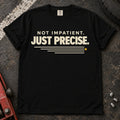 Black car enthusiast T-shirt. Not impatient, just precise, with a small road-like speed accent.
