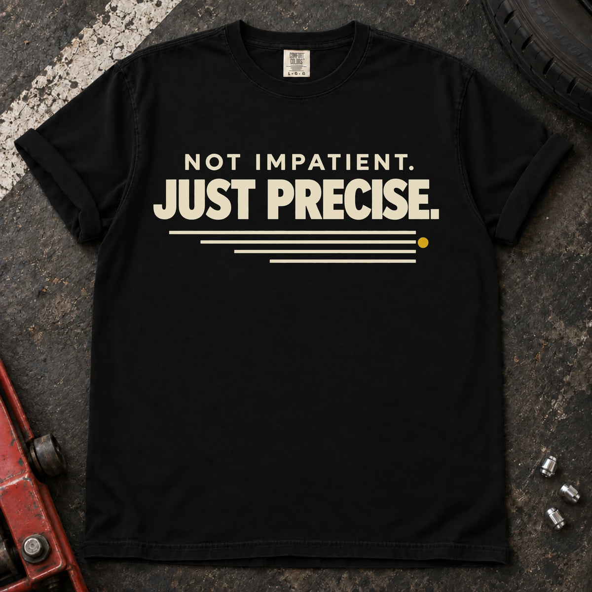Black car enthusiast T-shirt. Not impatient, just precise, with a small road-like speed accent.