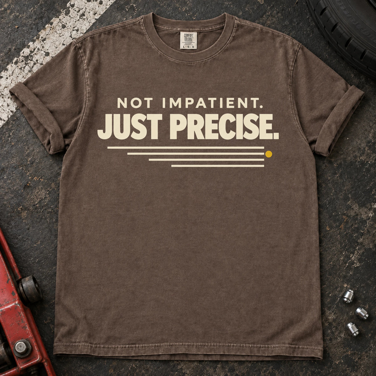 Espresso car enthusiast T-shirt. Not impatient, just precise, with a small road-like speed accent.