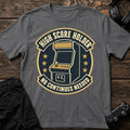 Charcoal gaming T-shirt. A vintage arcade cabinet celebrates a high-score holder needing no continues.